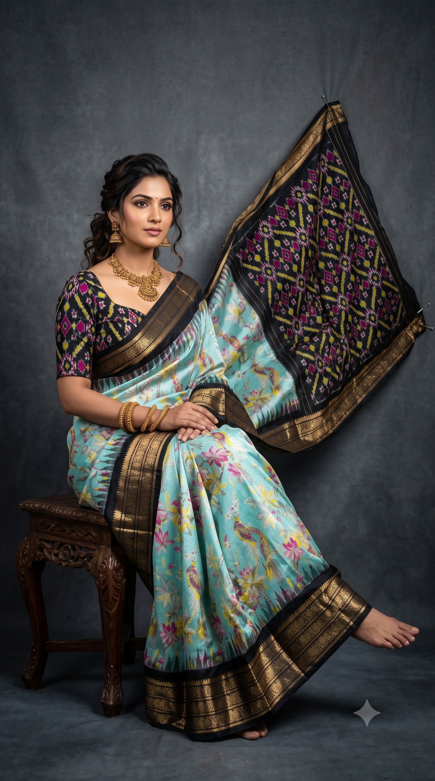Ikat Print Saree - PANHO14-IPRSIZBCC-17